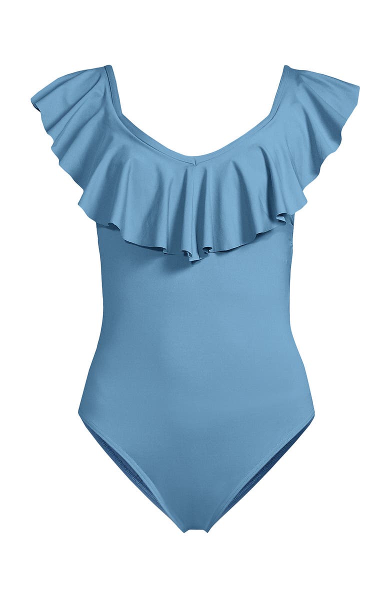 Lands' End Chlorine Resistant Ruffle V-neck High Leg One Piece Swimsuit, Alternate, color, Washed Blue Silver