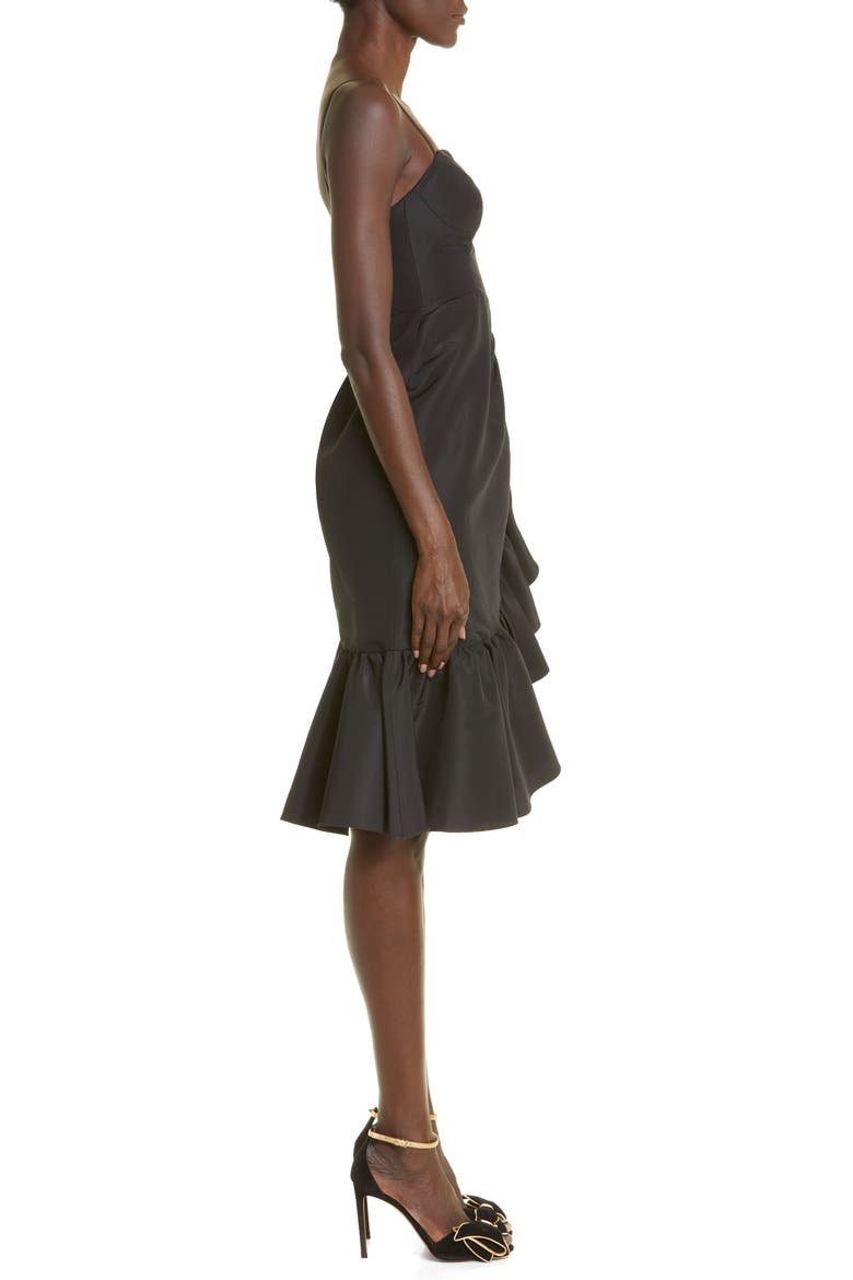 Gathered Ruffle Detail Silk Midi Dress, Alternate, color, BLACK