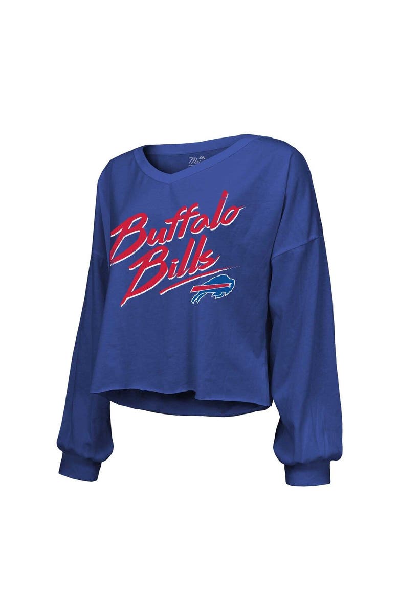Women's Majestic Threads Josh Allen Royal Buffalo Bills Name & Number Off-Shoulder Script Cropped Long Sleeve V-Neck T-Shirt, Alternate, color, Royal