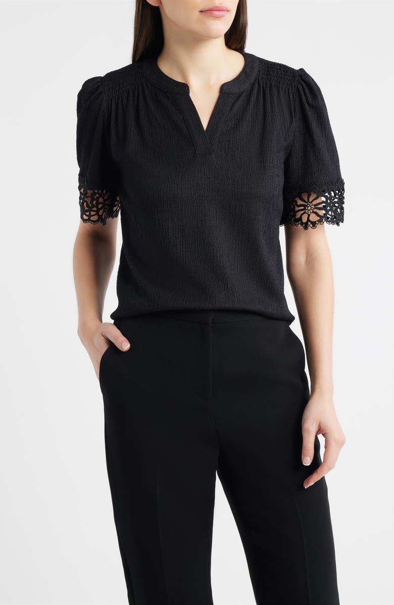 Anne Klein Lace Trim Crinkle Top, Main, color, Anne Black