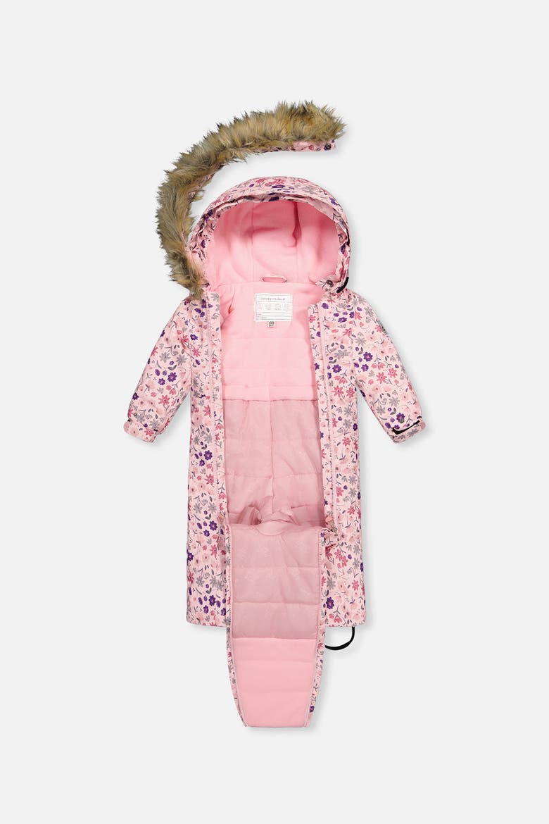Play Mini Flower Faux Fur Hood Car Seat One Piece Snowsuit, Alternate, color, Rose Printed Mini-Flowers