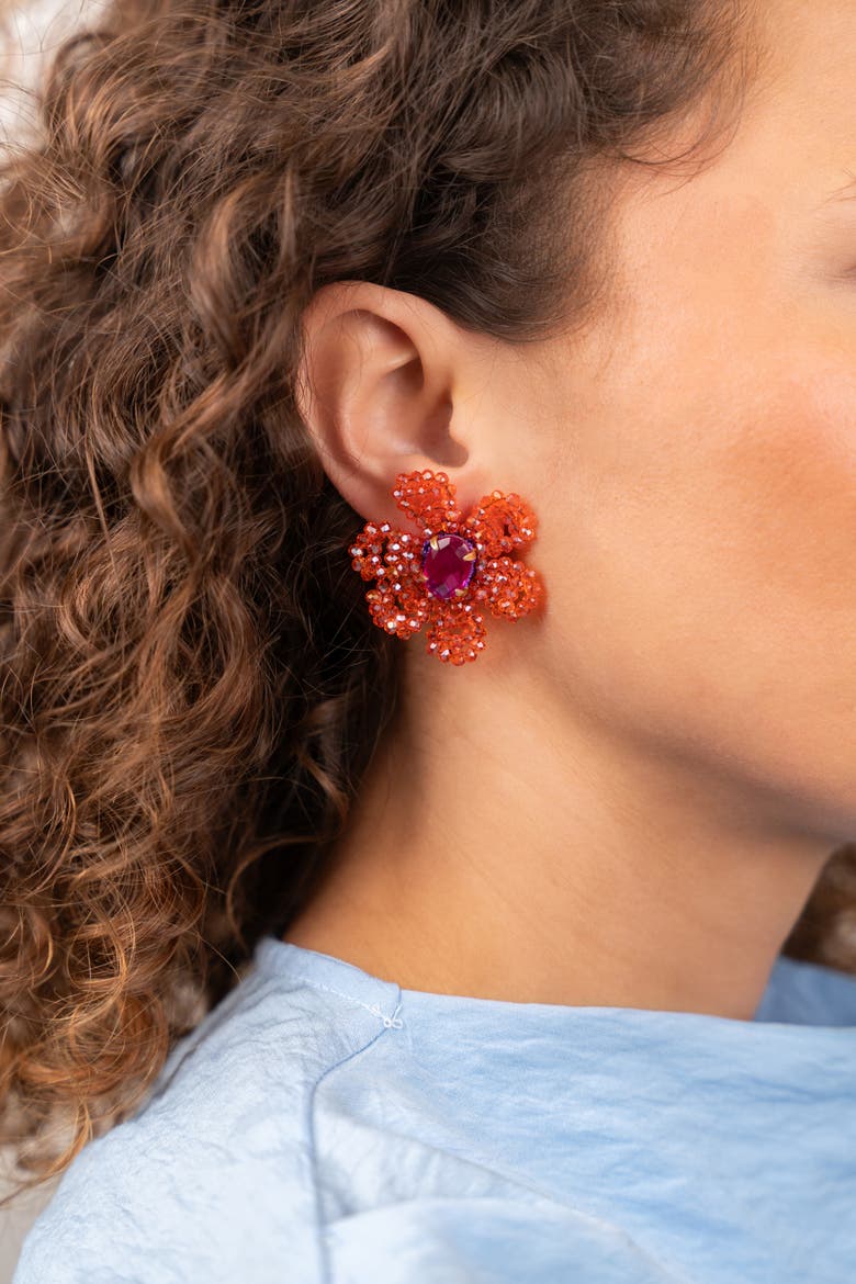 Blooming Flower Silk Statement Earrings in Orange/Fuchsia, Alternate, color, Orange, Fuchsia