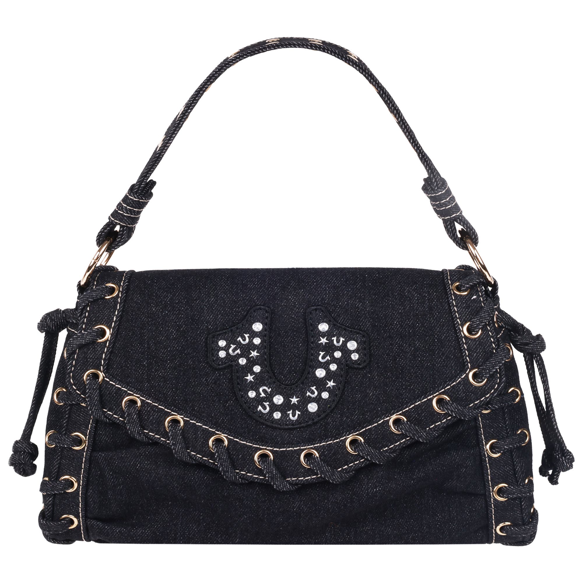 True Religion Studded Horseshoe Eyelet Denim Flap Bag, Main, color, Black