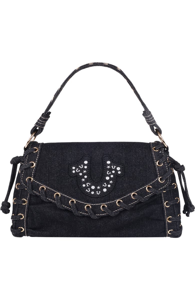 True Religion Studded Horseshoe Eyelet Denim Flap Bag, Main, color, Black