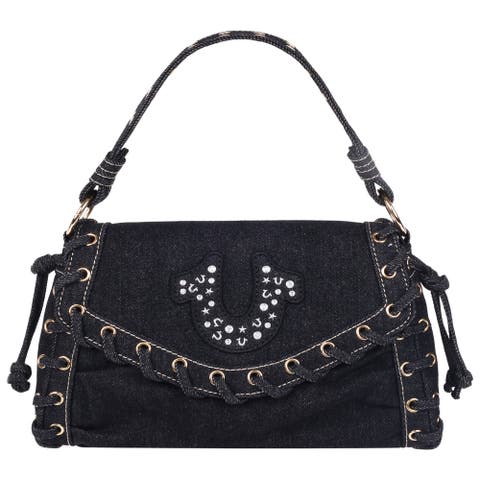 Studded Horseshoe Eyelet Denim Flap Bag