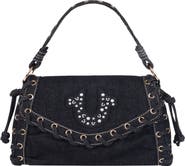 True Religion Studded Horseshoe Eyelet Denim Flap Bag