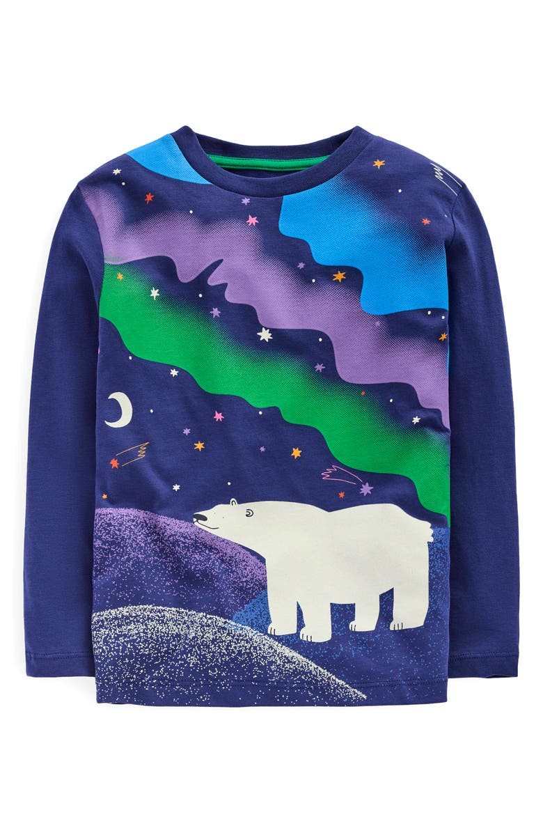 Boden Kids' Long Sleeve Cotton Glow in the Dark Graphic T-Shirt, Main, color, Starboard Blue Northern Lights