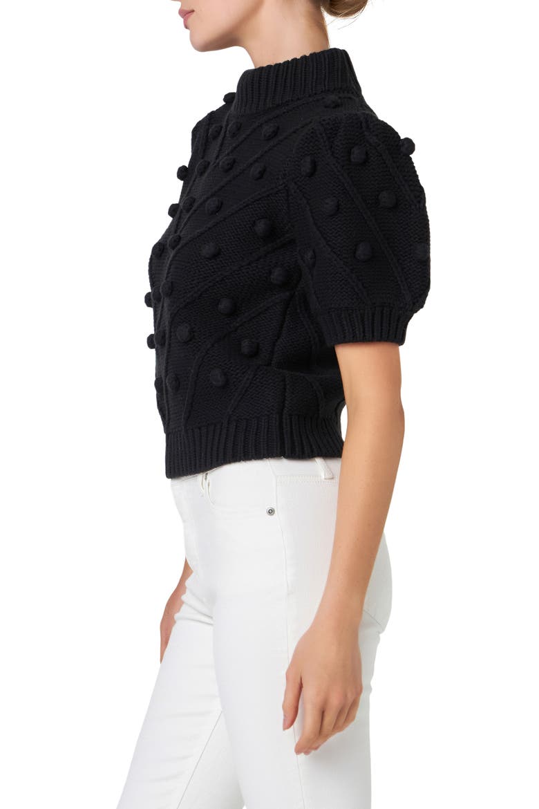 Pompom Puff Sleeve Sweater, Alternate, color, BLACK