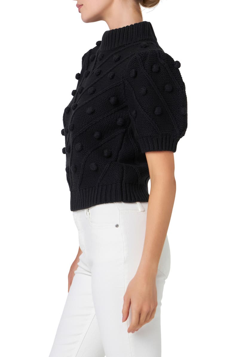 English Factory Pompom Puff Sleeve Sweater, Alternate, color, Black