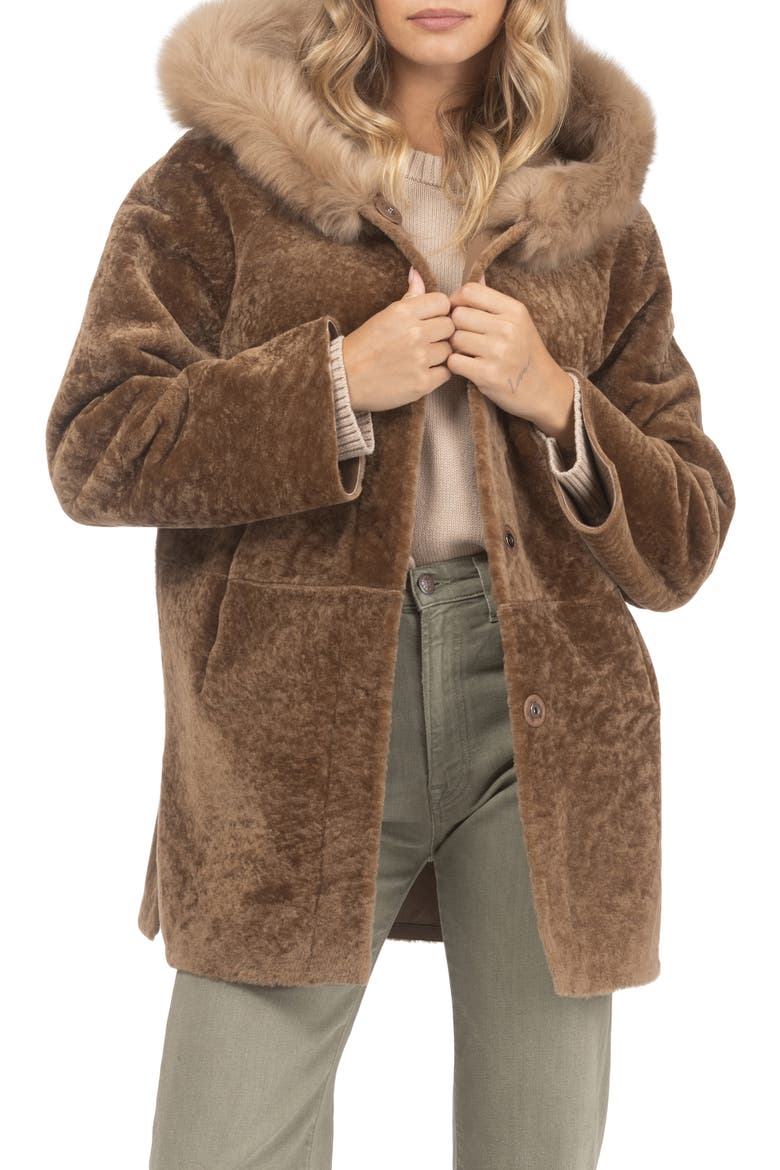 Reversible Textured Genuine Shearling Parka with Genuine Shearling Trim, Main, color, CAMEL/CAMEL