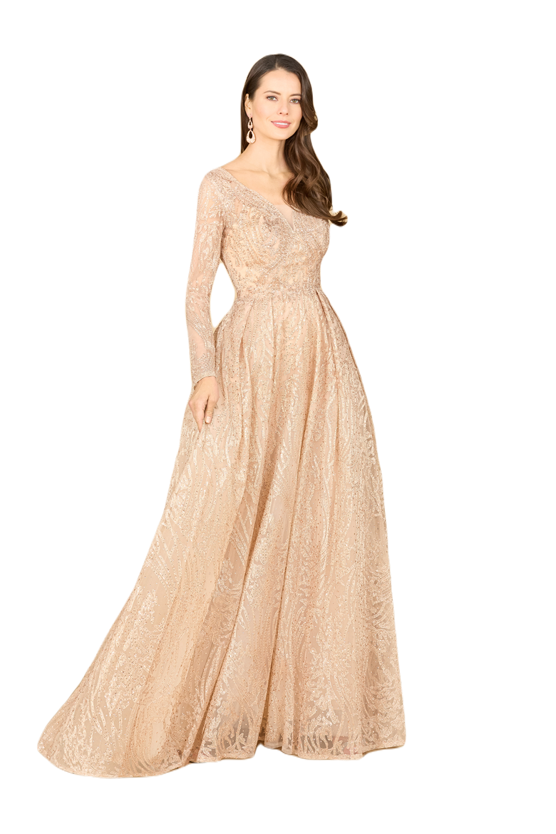 Long Sleeve, A-line Gown with a V-Neckline, Main, color, Champagne