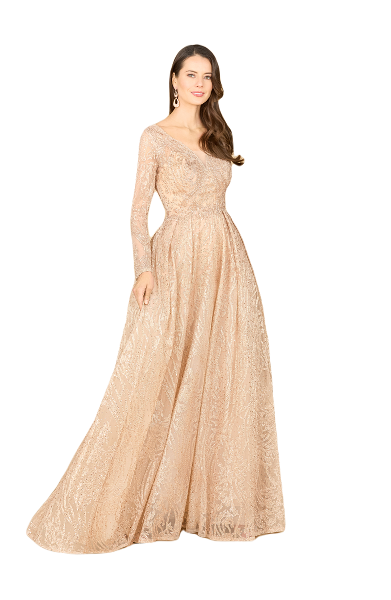 LARA New York Long Sleeve, A-line Gown with a V-Neckline, Main, color, Champagne