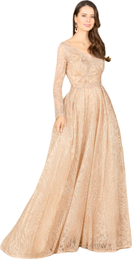 LARA New York Long Sleeve, A-line Gown with a V-Neckline