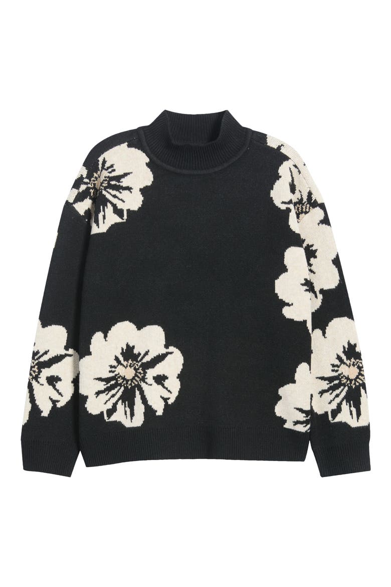 Floral Intarsia Mock Neck Sweater, Alternate, color, RICH BLACK