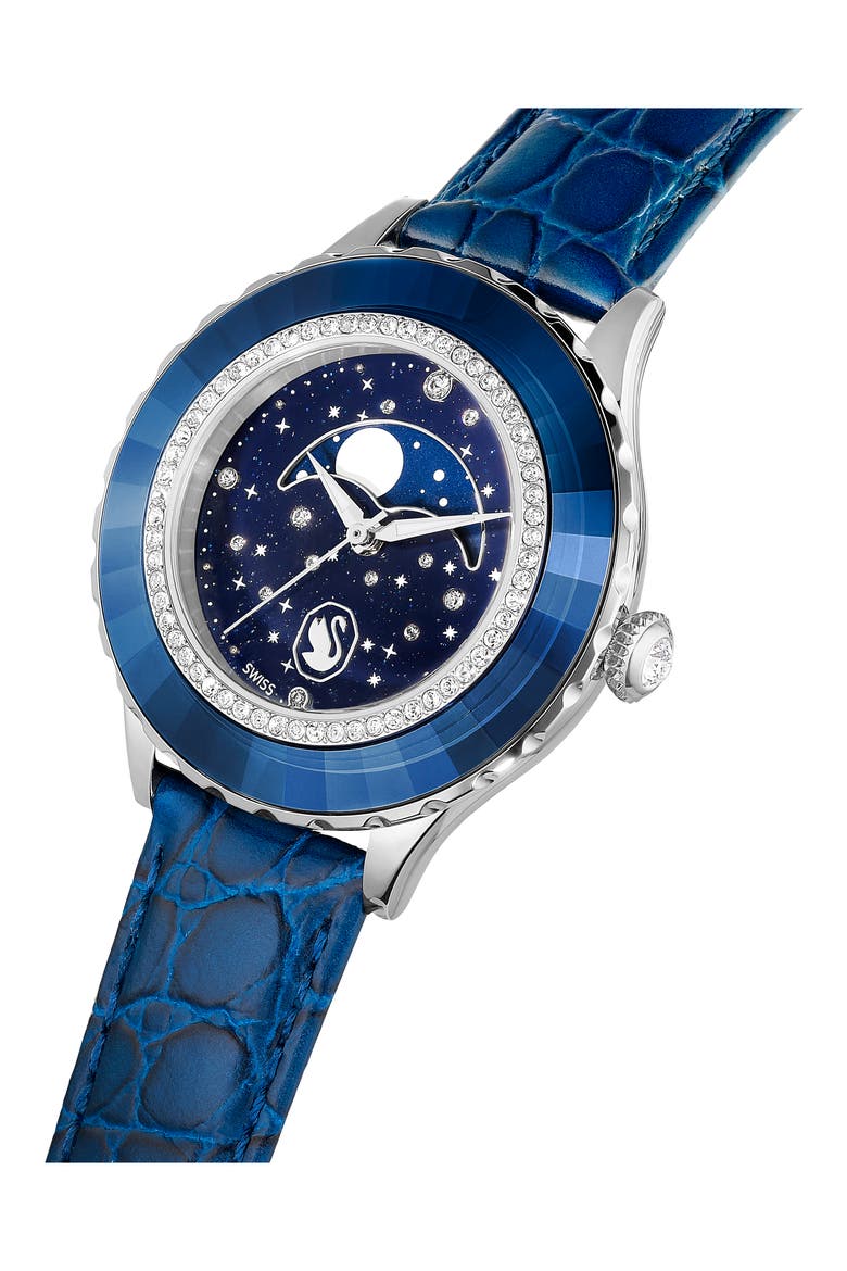 Octea Moon Leather Strap Watch, 37mm, Alternate, color, BLUE