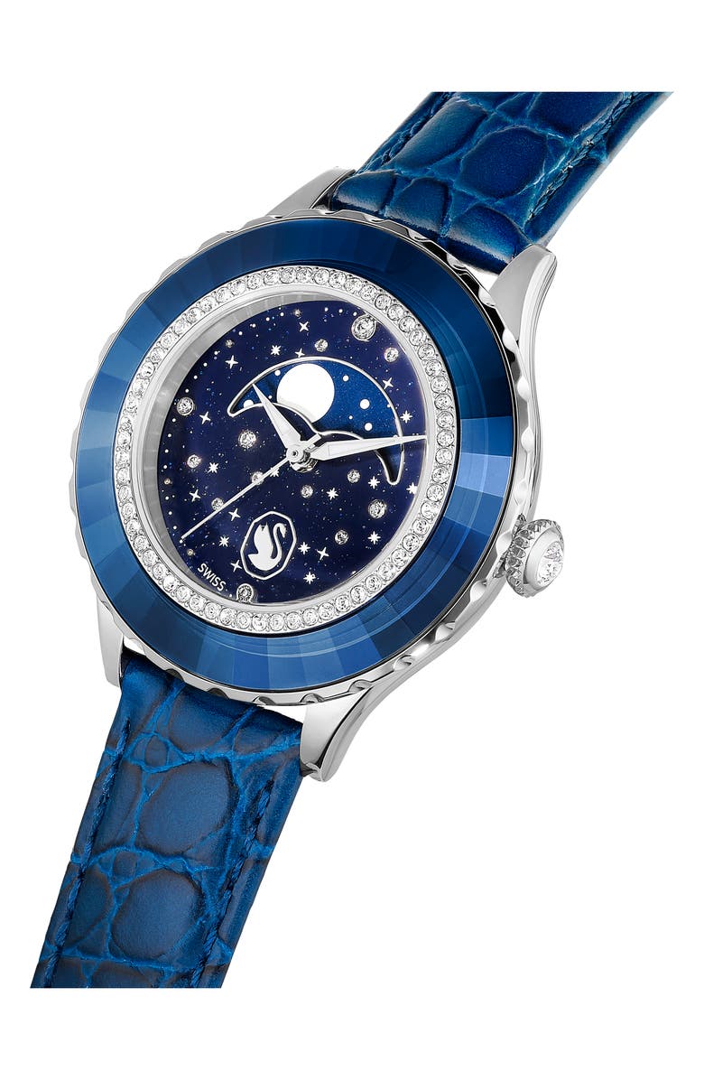 Swarovski Octea Moon Leather Strap Watch, 37mm, Alternate, color, Blue