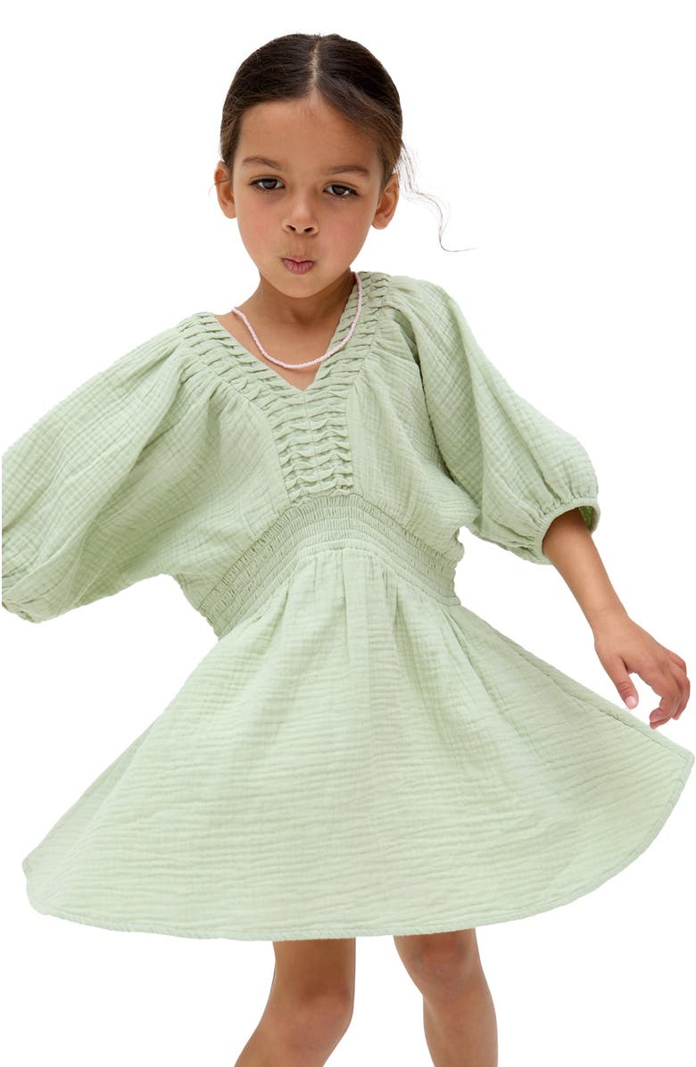 Raffya Kids Soipoi Ruched V-Neck Dress, Alternate, color, Green