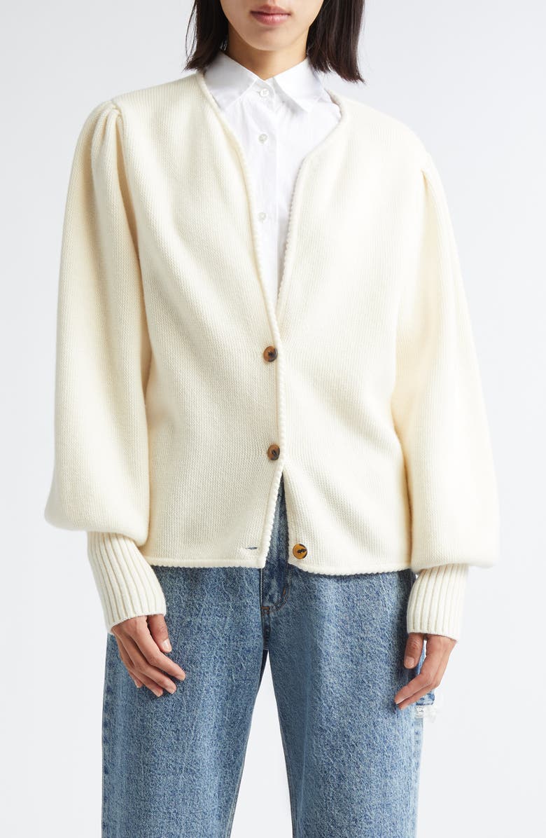 Tanner Fletcher Gender Inclusive Juliet Balloon Sleeve Wool Cardigan, Main, color, Ivory