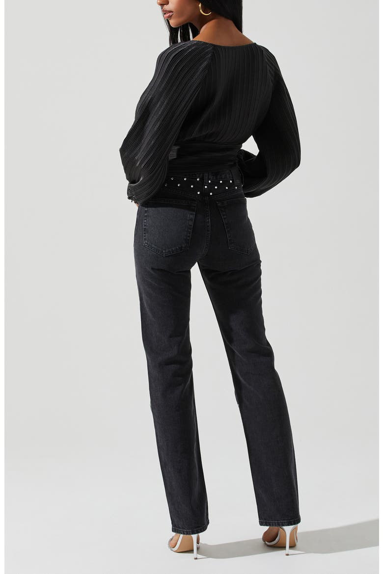 Pernilla Long Sleeve Pleated Crop Top, Alternate, color, BLACK