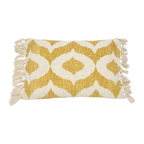 Cotton Slub Lumbar Pillow with Ikat Pattern and Tassels