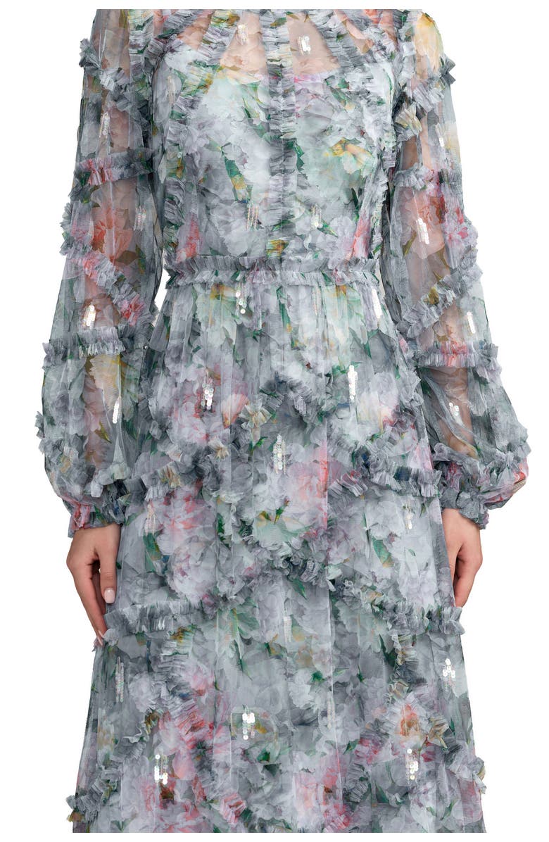 Mac Duggal Floral Long Sleeve High Neck Ruffle Detail Gown, Alternate, color, Platinum Multi