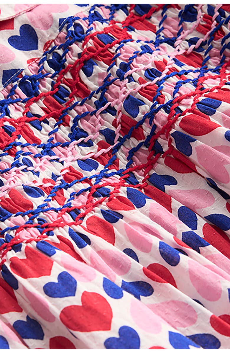 Mini Boden Kids' Adeline Heart Print Smocked Cotton Dress, Alternate, color, Poppy Red Geo Heart