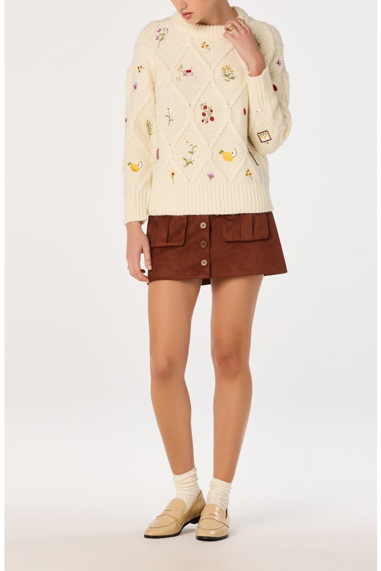 Rose Embroidered Diamond Cable Sweater, Alternate, color, IVORY