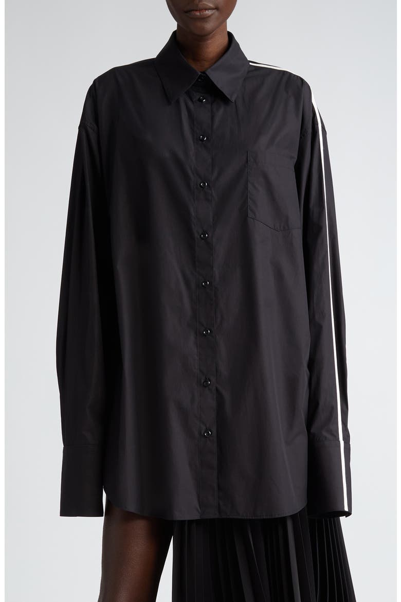 Contrast Stripe Cotton Button-Up Shirt, Main, color, BLACK