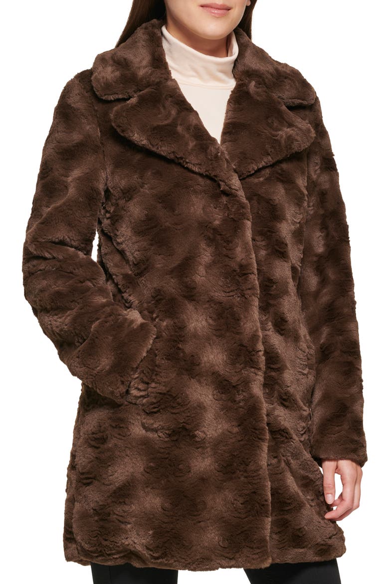 Notch Collar Faux Fur Coat, Main, color, CHOCOLATE