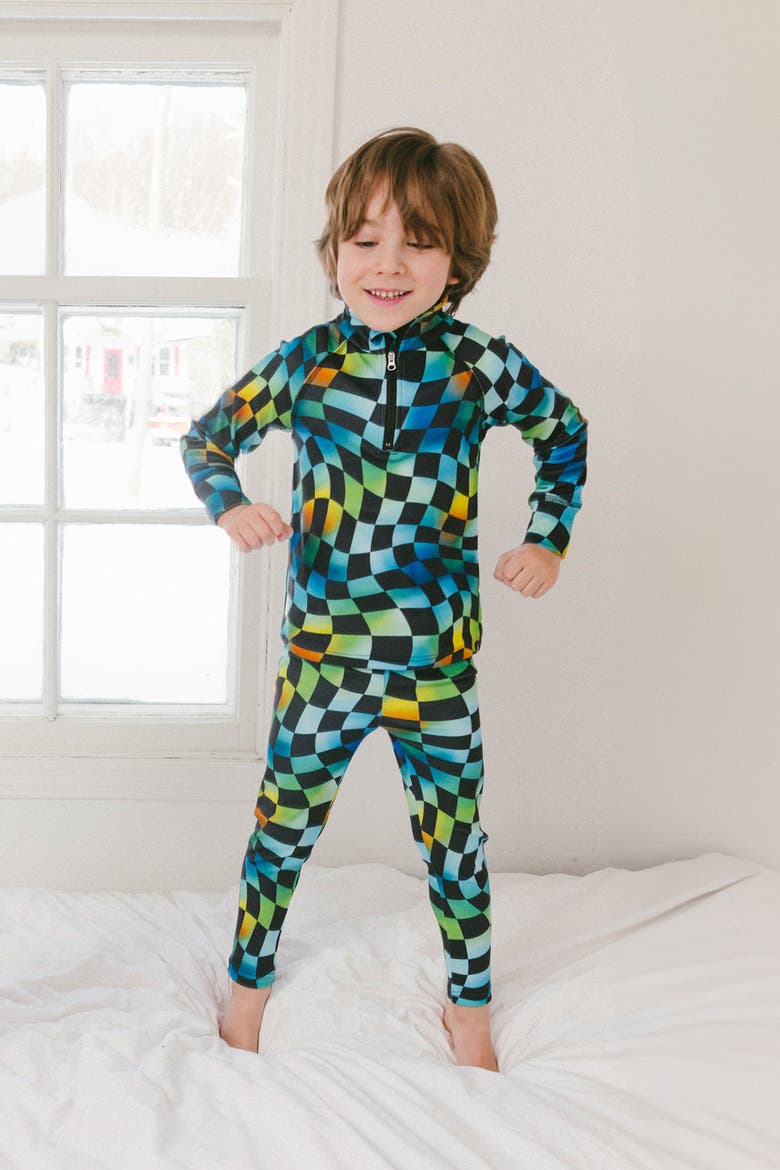Two Piece Checkered Brushed Half-Zip Top & Pants Thermal Underwear, Alternate, color, Blue Checkered Print