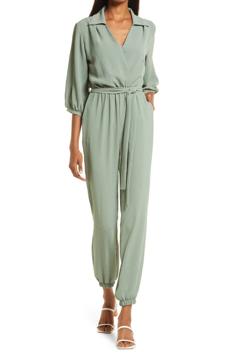 Tie Waist Long Sleeve Jumpsuit, Main, color, OLIVE
