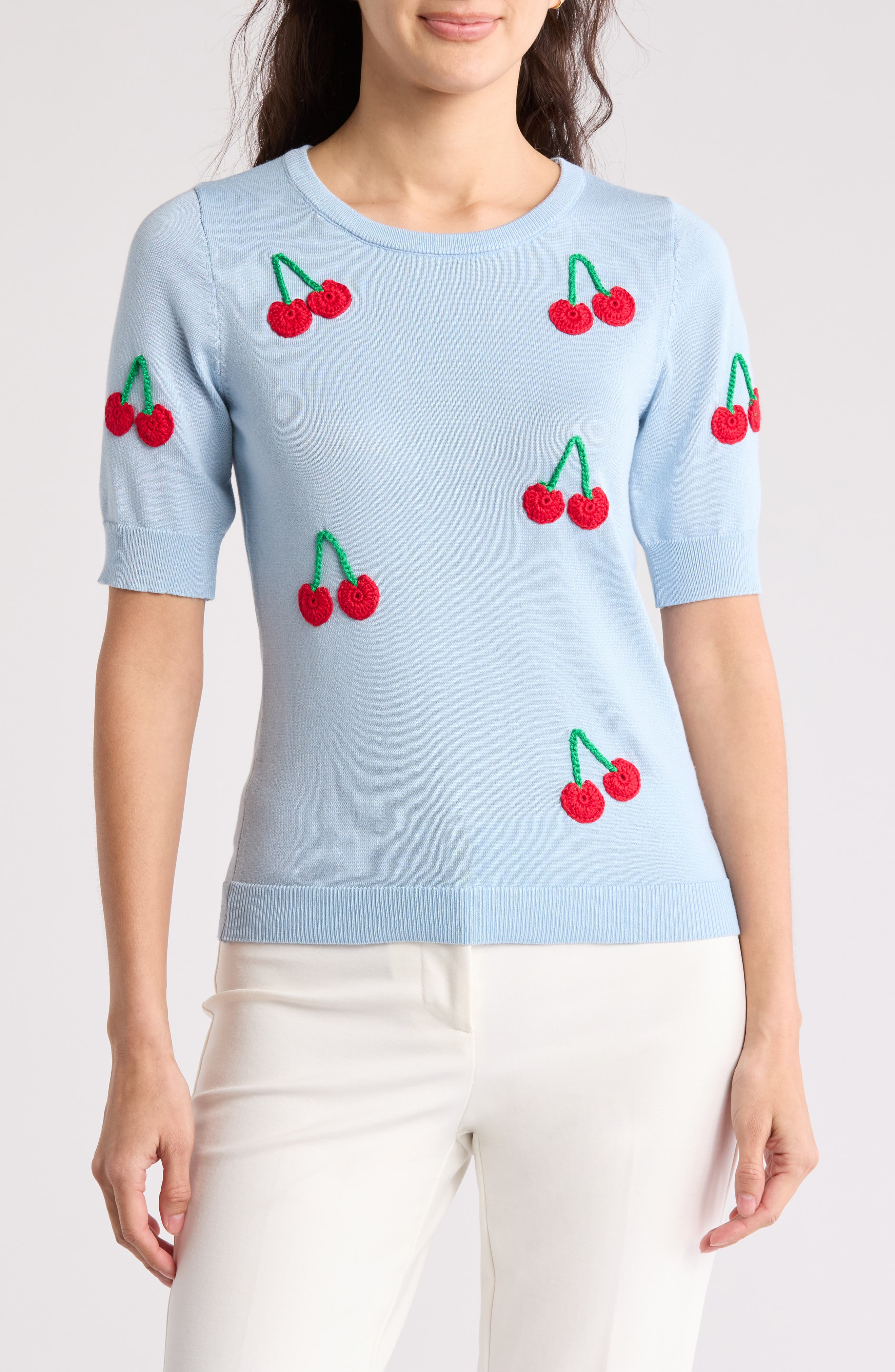 BY DESIGN Freida Crochet Fruit Short Sleeve Sweater