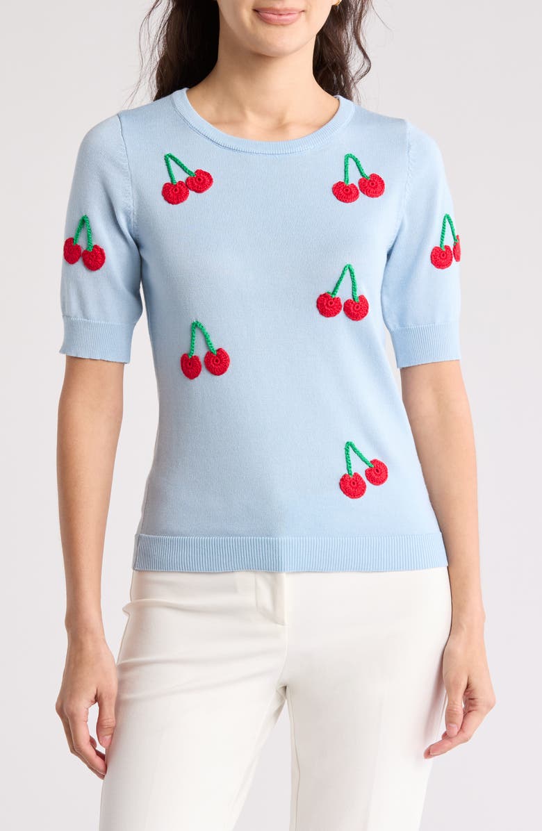 BY DESIGN Freida Crochet Fruit Short Sleeve Sweater, Main, color, Omphalodes/ Cherry Crochet
