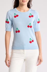 BY DESIGN Freida Crochet Fruit Short Sleeve Sweater
