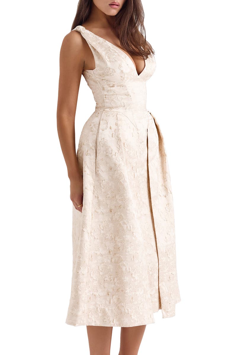 HOUSE OF CB Paloma Plunge Neck Twist Strap Metallic Jacquard Midi Dress, Alternate, color, Ivory