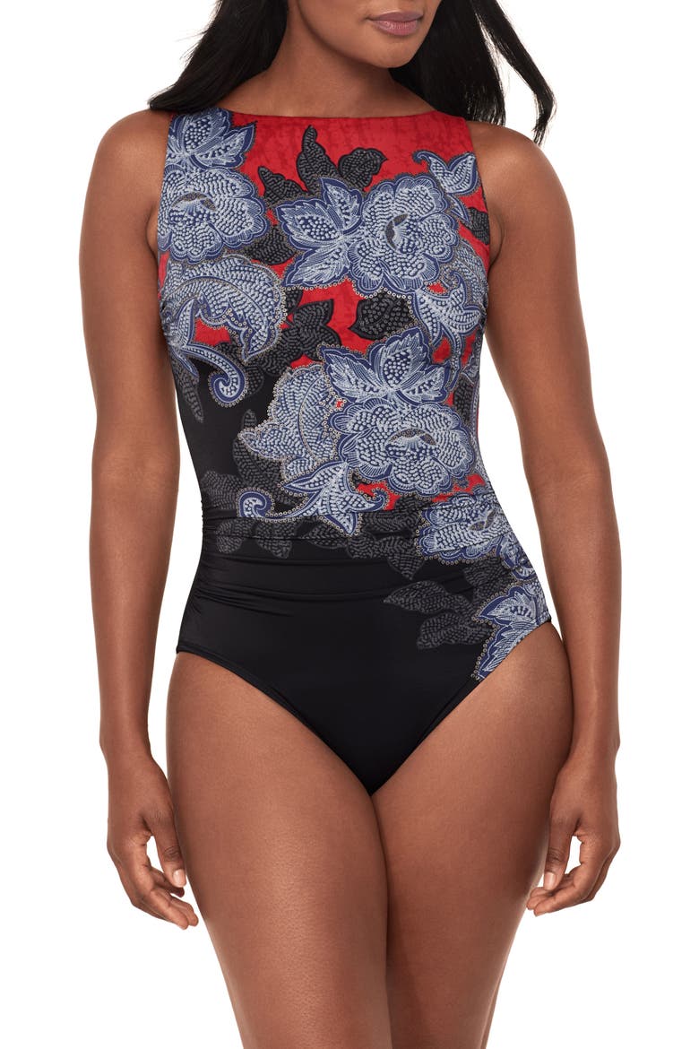 Steel Magnolias Regatta High Neck One-Piece Swimsuit, Main, color, BLACK/ MULTI