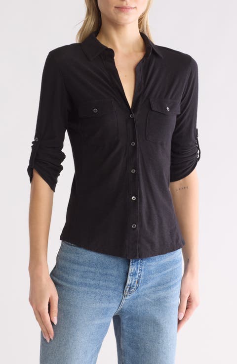 Cotton V-Neck Button-Up Shirt