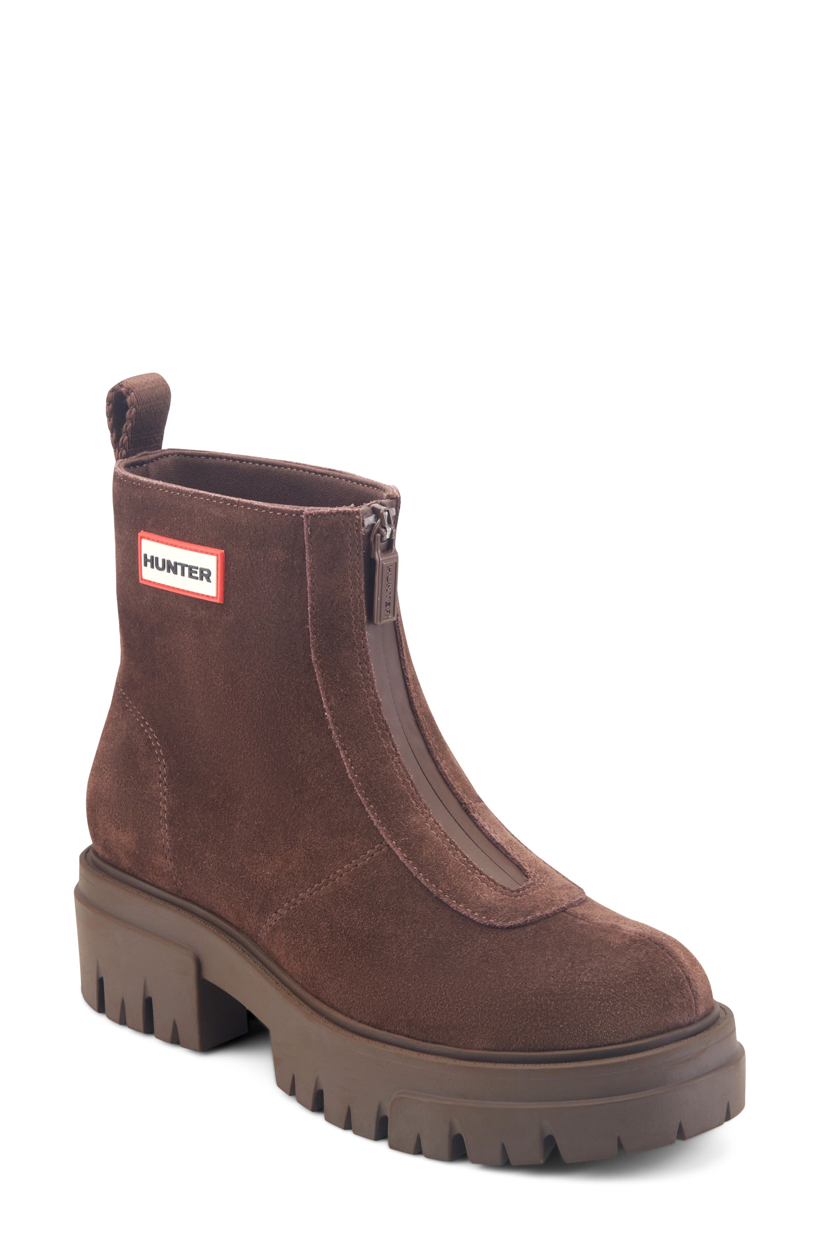 Gemma Front Zip Leather Boot, Main, color, DARK NATURAL SUEDE
