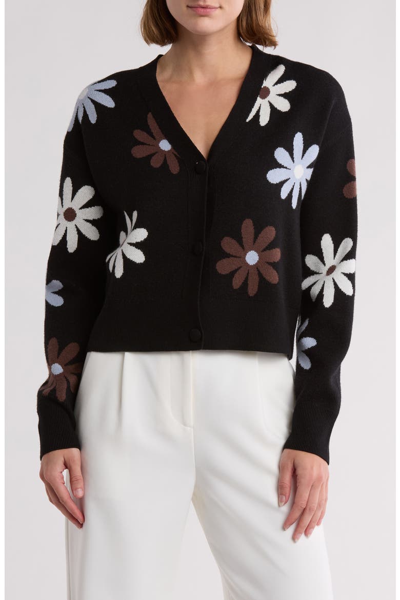 Flower V-Neck Sweater, Main, color, BLACK DAISY