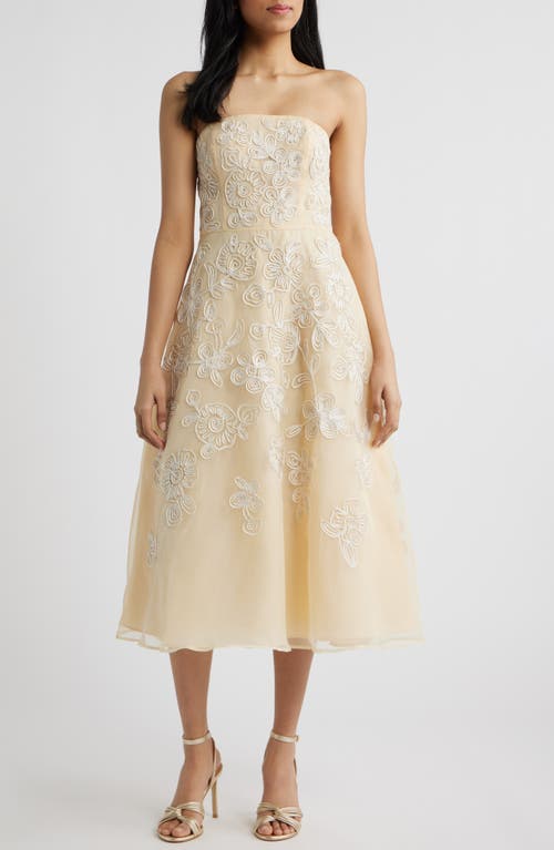 Adrianna Papell Soutache Embroidery Strapless Organza Cocktail Midi Dress in Maize at Nordstrom, Size 8