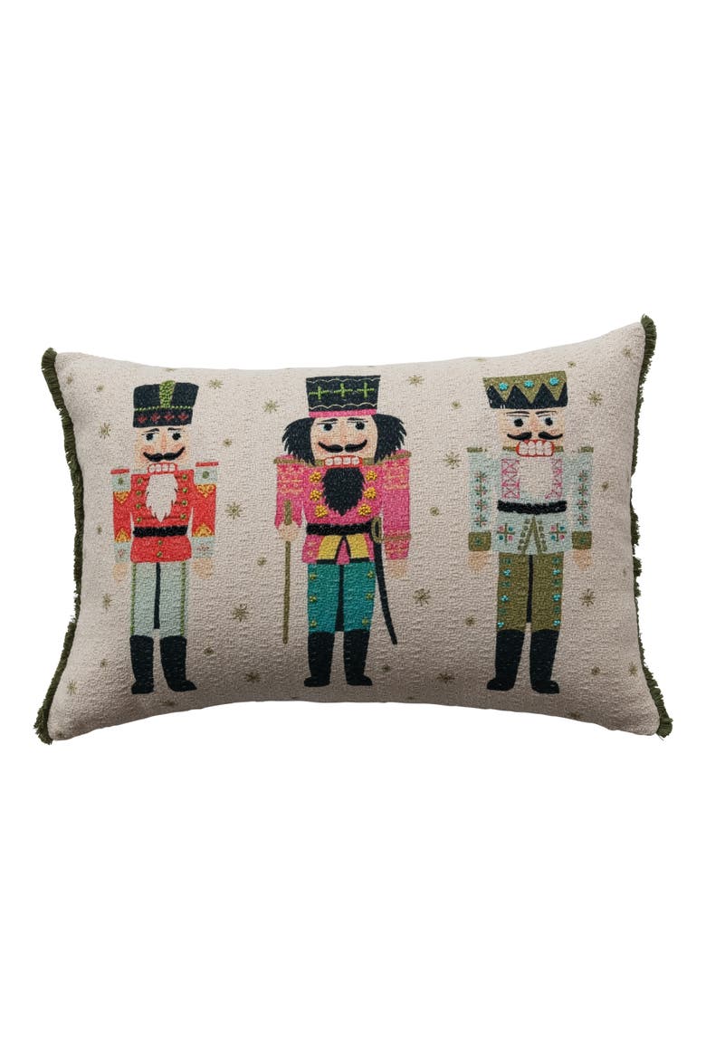 Cotton Slub Printed Lumbar Pillow with Nutcrackers, Beads and Eyelash Fringe, Main, color, Multicolor