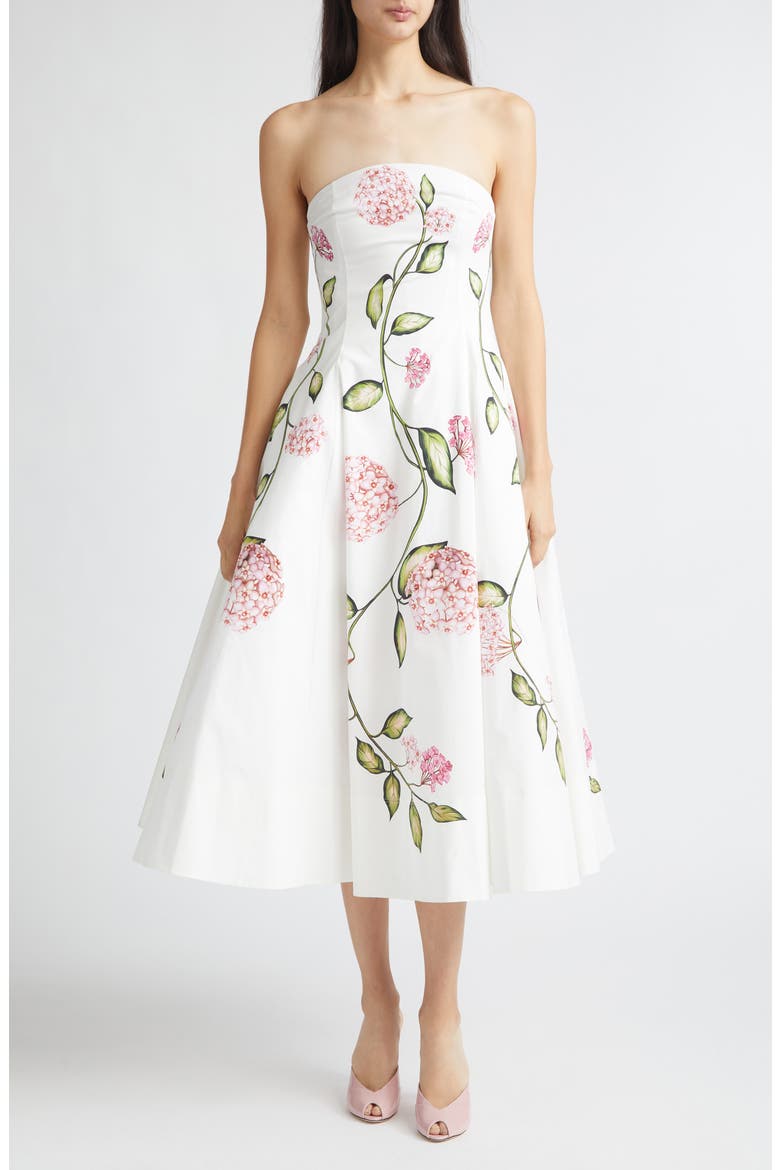 Porcelain Flowers Stretch Cotton Poplin Strapless Dress, Main, color, PINK/ WHITE