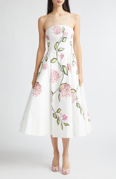 Porcelain Flowers Stretch Cotton Poplin Strapless Dress