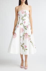 Oscar de la Renta Porcelain Flowers Stretch Cotton Poplin Strapless Dress