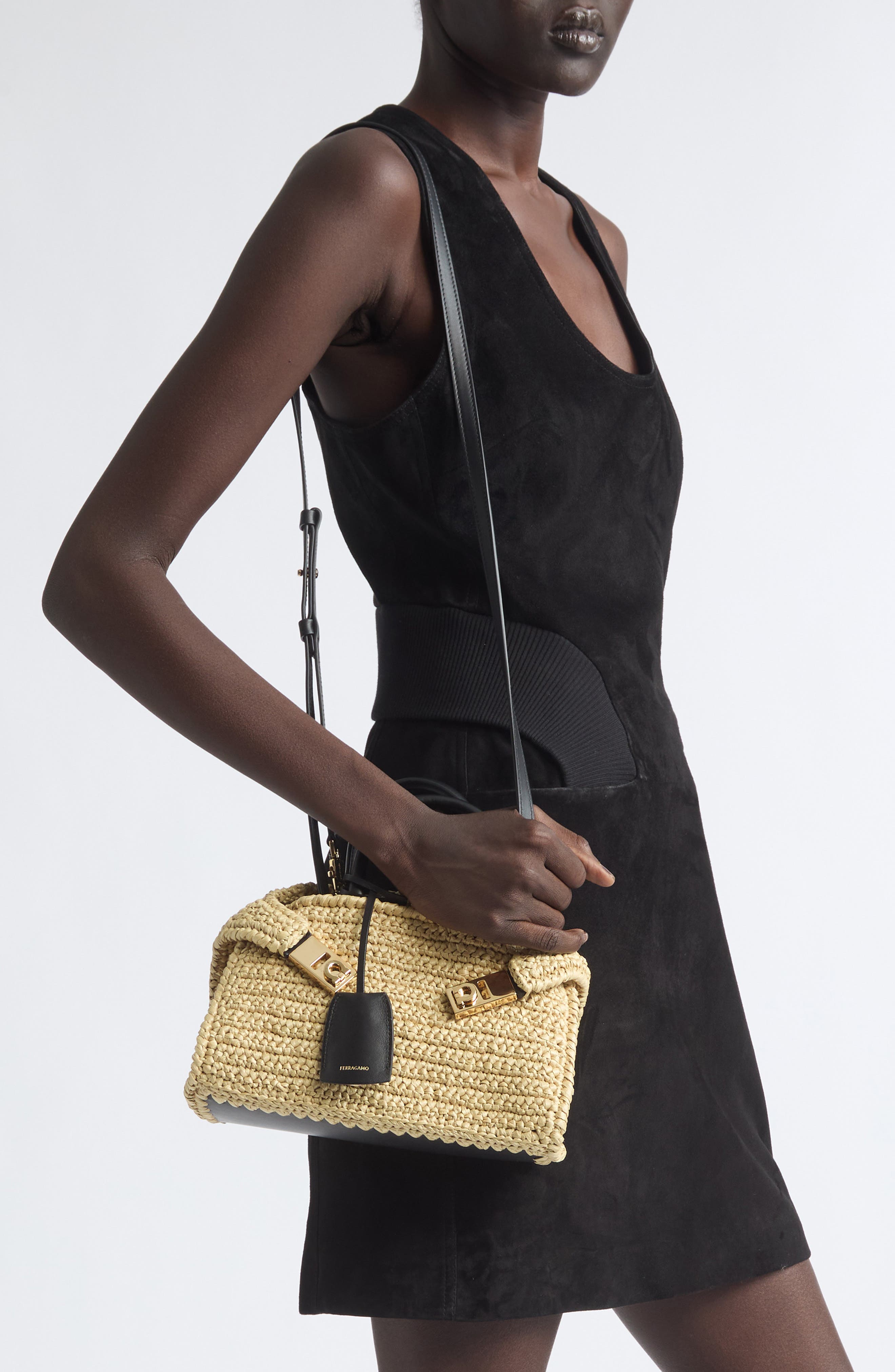 Mini Hug Crochet Raffia Top Handle Bag, Alternate, color, NATURALE/ NERO