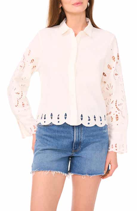 Vince Camuto Eyelet Detail Linen Blend Button-Up Shirt