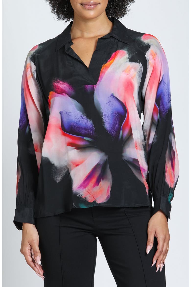 Long Sleeve Half Placket Pullover Top, Main, color, BLACK MULTI