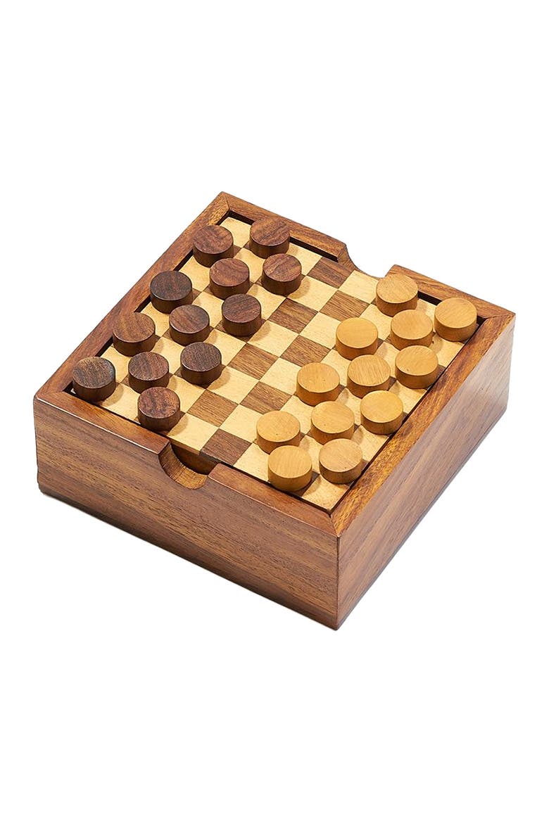 Checkers and Tic Tac Toe Game Set - Handcrafted Wood, Main, color, Brown