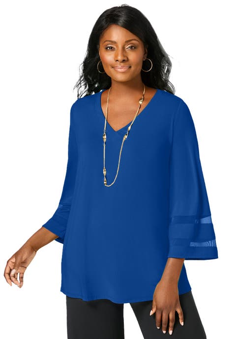 Stretch Knit Mesh Inset Sleeve Tunic (Plus Available)