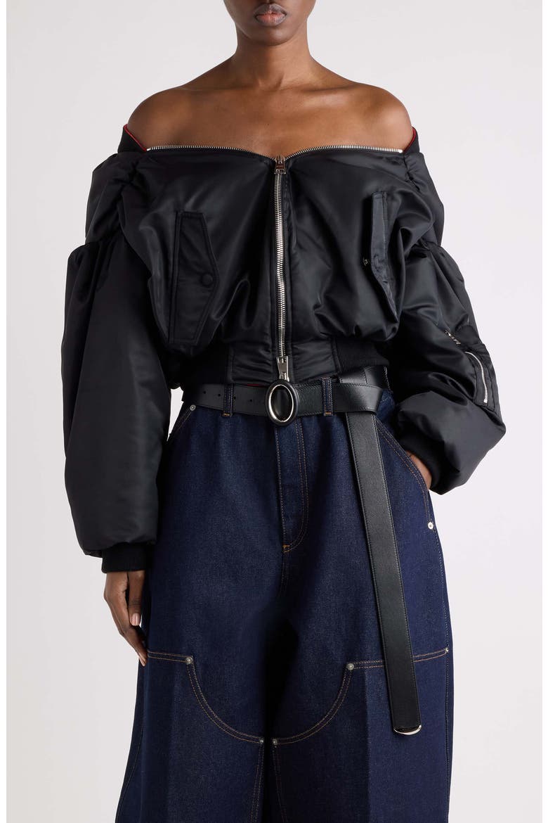 Off the Shoulder Bomber Jacket, Main, color, BLACK
